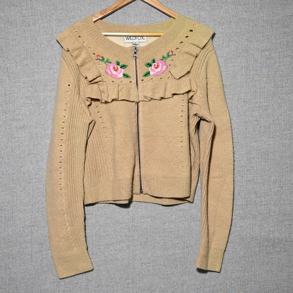Wildfox Cardigan Women Ruffle Floral Embroidered Zip Up L Tan